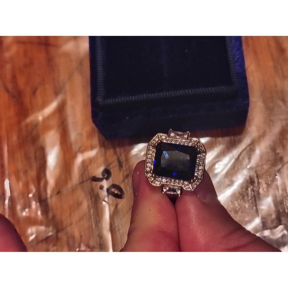 S925 Emerald Cut Blue Sapphire CZ Halo Cocktail Ring 8 Womens